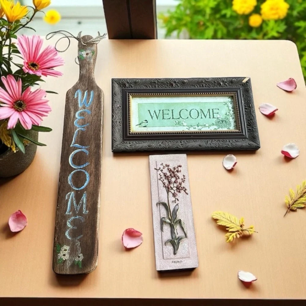 Vintage Cottagecore Welcome Bundle Rustic Paddle Framed Print Ceramic Orchid